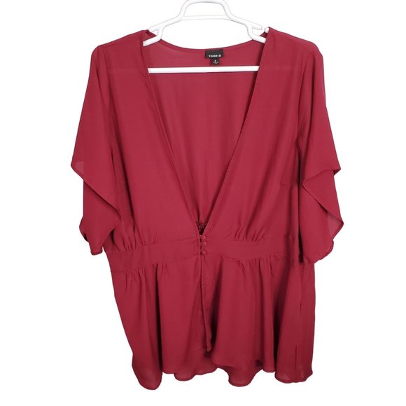 Torrid 4 Size 4X Blouse Jacket Georgette Bell Sleeve Smocked Stretch Waist Red - Picture 2 of 10